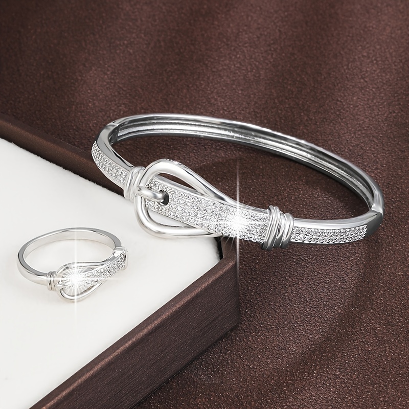 Stylish Buckle Zirconia Copper Bracelet & Ring Set